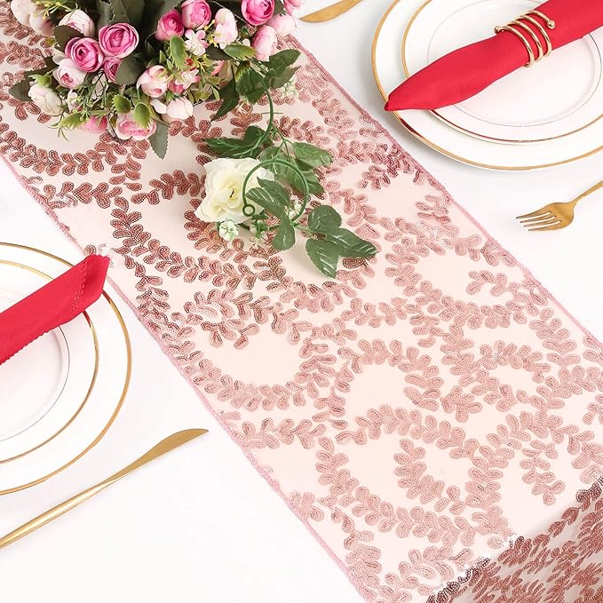 Wedding Sequin Table Runner Rose Gold Flower 10 Packs 12x108 Inch Glitter Table Runners for Banquet Table Decoration Sparkly Table Overlay