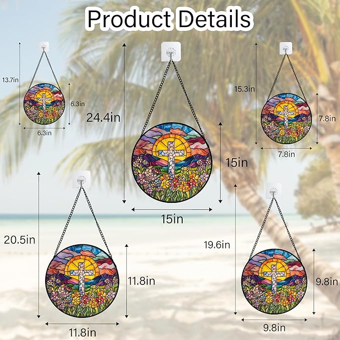 Stained Glass Window Hanging - Cross Flower Sea Sun Catcher for Door Terrace Garden Home Decor, Mountains Landscape Suncatcher Birthday Gifts for Lovers Women Men Dad Mom Nana 11.8 in