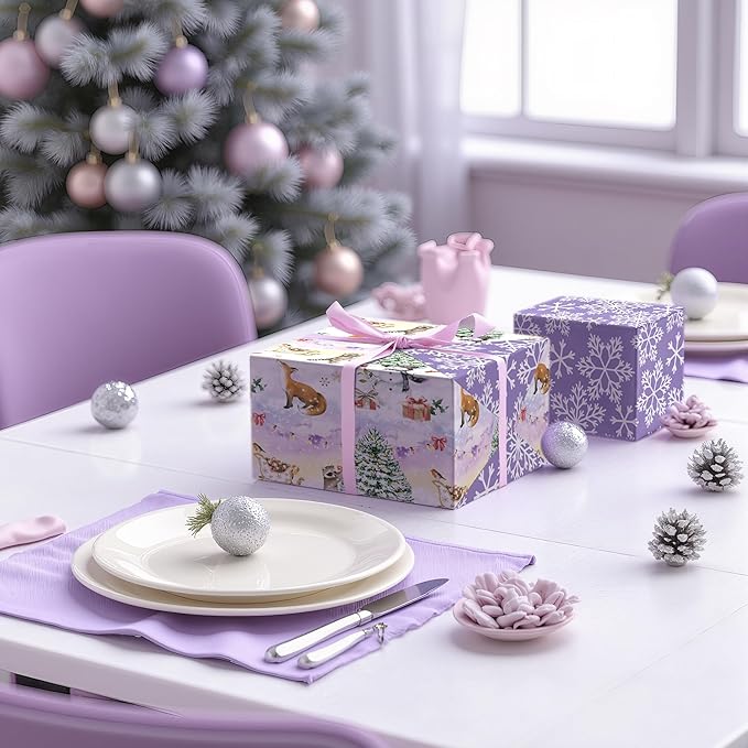 LeZakaa Christmas Reversible Wrapping Paper Roll, Watercolor Winter Forest Design with Fox Raccoon Christmas Tree Snowflake, for Kids Family, Winter Holidays, Mini Roll 17 in x 16.4 Ft