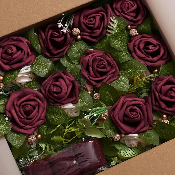 Artificial Flowers Set of 10 Burgundy Wedding Pew Decor with Roses
