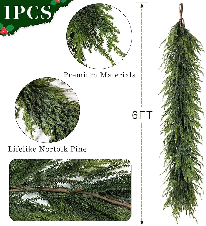 Garland 6 Ft Green Plastic Norfolk Pine Christmas Decor