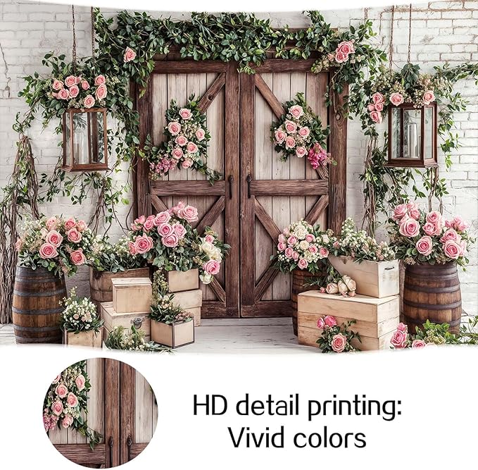 6x4ft Country Wedding Photography Backdrop Floral Rustic Roses Farmhouse Wooden Door Backdrop Pink Flower Birthday Baby Shower Wedding Bridal Party Banner Photo Booth Props Anniversary Background