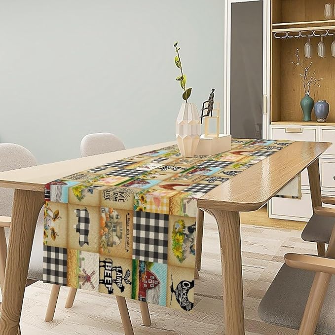 Farmhouse Animals Table Runner,Rustic Cabin Pig Chicken Cow Sunflowers Geometric Grids Burlap for Hotel Indoors Outdoor Dining Room Kitchen Holiday Party, 13x60in