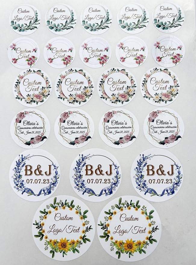 Custom Stickers for Weddings, Birthdays & Businesses - Personalized Labels with Your Logo - Waterproof, Fade and Heat Resistant - Pack of 100-1000 (Wreath B, 4 Inch)