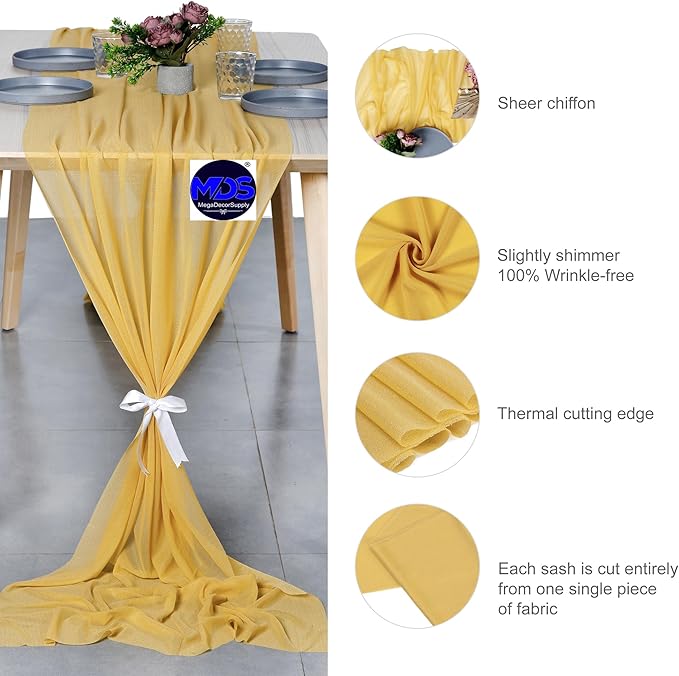 MDS 2 Pack 14ft Chiffon Table Runner 29 x 170 Inches Sheer Wedding Runner Romantic Rustic Table Runner for Wedding Decorations, Birthday Parties, Bridal Shower Party Arch Decor - Gold