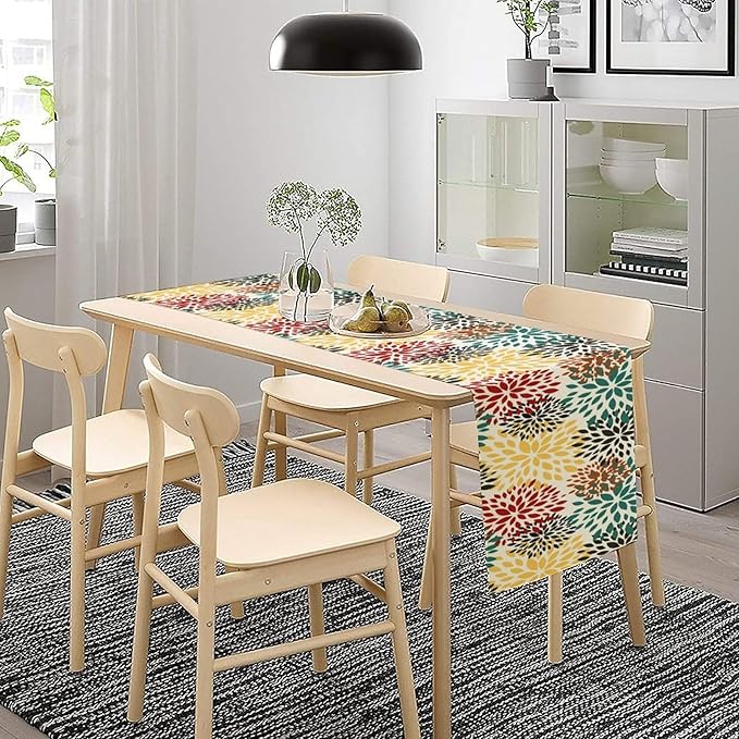 Green Red Dahlia Flower Table Runner Chrysanthemum Geometric Kitchen Dining Bedroom Living Room Table Decor for Indoor Outdoor Home Party, 13x70 Inch