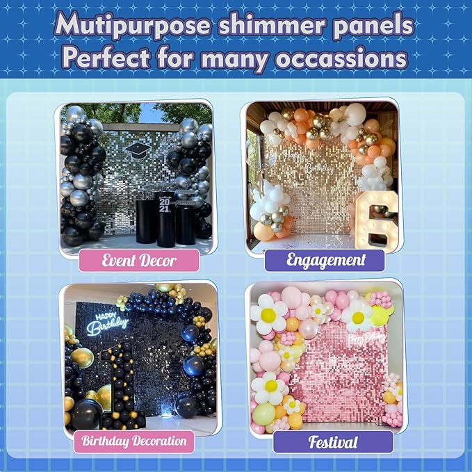 Qcity Blue Shimmer Wall Backdrop 36PCS, Black Back Not See-Through Design, Square Sequin Glitter Backdrop Panel, Perfect for Outdoor Events, Birthdays, Wedding and Party Decoration