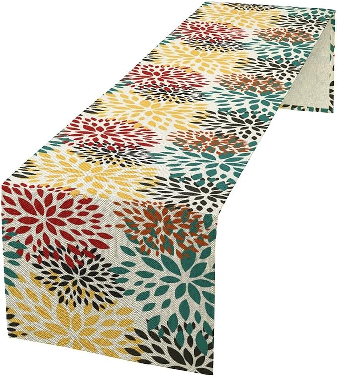 Green Red Dahlia Flower Table Runner Chrysanthemum Geometric Kitchen Dining Bedroom Living Room Table Decor for Indoor Outdoor Home Party, 13x36 Inch