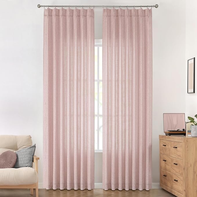 Vision Home Pink Pinch Pleated Semi Sheer Curtains for Girls Bedroom Living Room Textured Light Filtering Window Curtains 112 inch Rayon Blended Pinch Pleat Pink Drapes with Hooks 2 Panels 40"Wx112"L