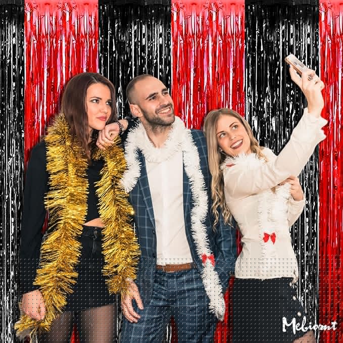 4 Pack 3.2Ft x 6.6Ft Black Red Fringe Curtain Backdrop, Metallic Tinsel Foil Fringe Streamers Curtains Background for Photo Booth Wedding Casino Viva Las Vegas Game Night Birthday Party Decorations