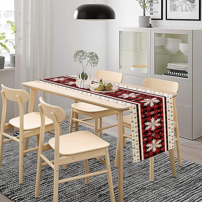 Snowflakes Christmas Table Runner,Red Buffalo Plaid Seasonal Winter Kitchen Dining Table Decoration for Home Party Decor 13x90 Inch