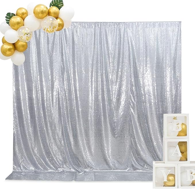 SquarePie Sequin Backdrop Non-Transparent Background Sparkly Curtain for Wedding Party 6FT x 8FT Silver