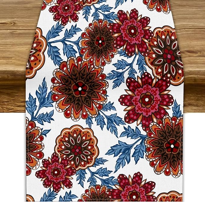 Mandala Flower Table Runner, Vintage Oriental Exotic Native Red Floral Blue Branch Leaves Botanical Print Table Runner for Farmhouse Kitchen Dining Table Decor, 13x108inch