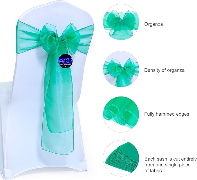 MDS Pack of 25 PCS Organza Chair Sashes Wider Dining Chair Bows Ribbon Tie Back for Wedding Party Birthday Bridal Shower Reception Event Banquet Home Chair Cover Decoration - Green