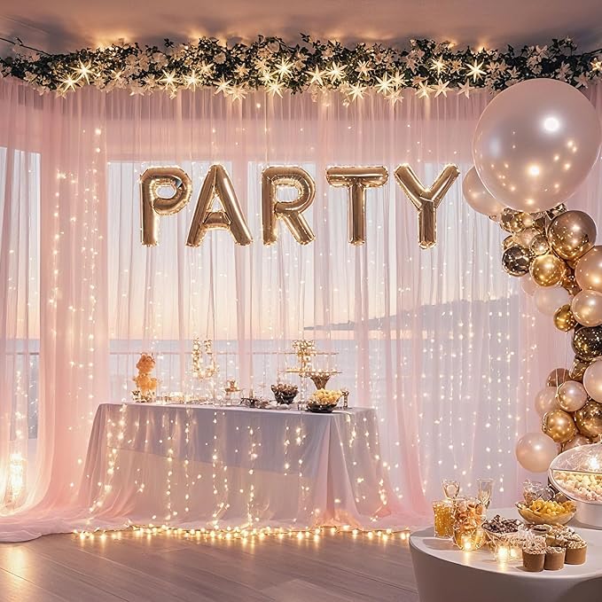 10×8ft Tulle Backdrop Curtains with Lights String - 300LED Fairy Lights Sheer Curtain Backdrop for Weddings Baby Shower and Birthday Party Decorations(6 Panels 5×8ft)