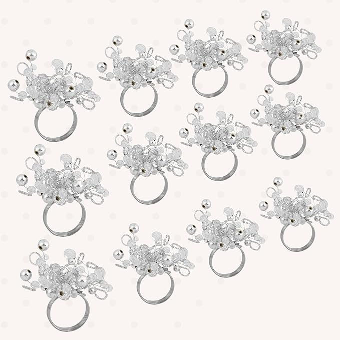 Decorative Napkin Ring Set of 12 - Handmade Glass Beads Napkin Holders for Table Setting Elegant Dining Accessory Round Heavy Duty Metal Frame Wedding & Party Table Décor (Silver) - CLEENTABLE