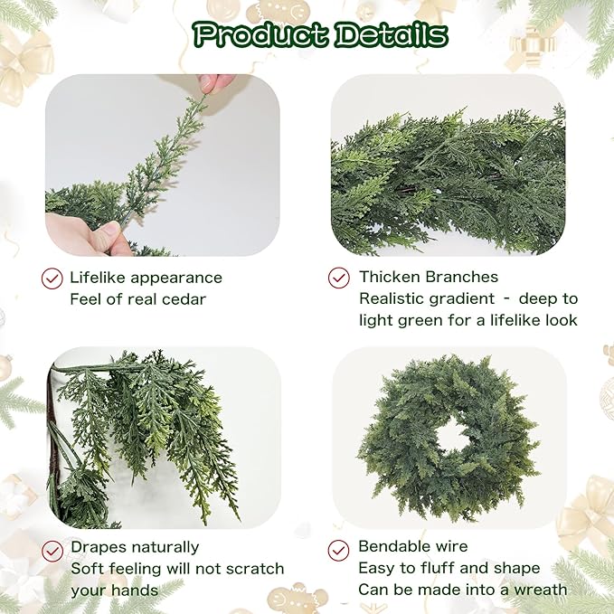 Garland 6 Ft Green Artificial Cedar with PE Needles for Christmas Decor
