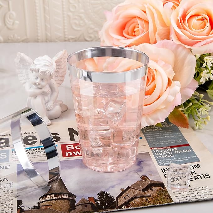 Party Cups, 12 Oz Clear Plastic with Silver Rim, 50 Count