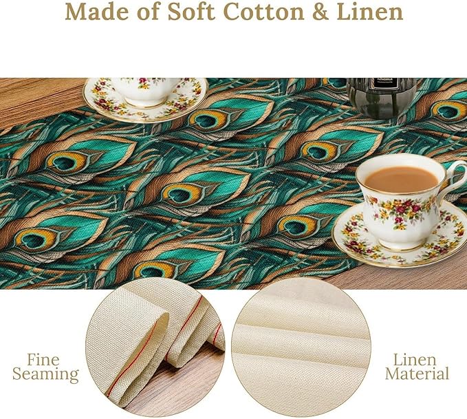 Peacock Feather Table Runner,Retro Aesthetic Green Table Runner for Home Kitchen Dining Party Indoor Outdoor Decoration 13x70 Inch