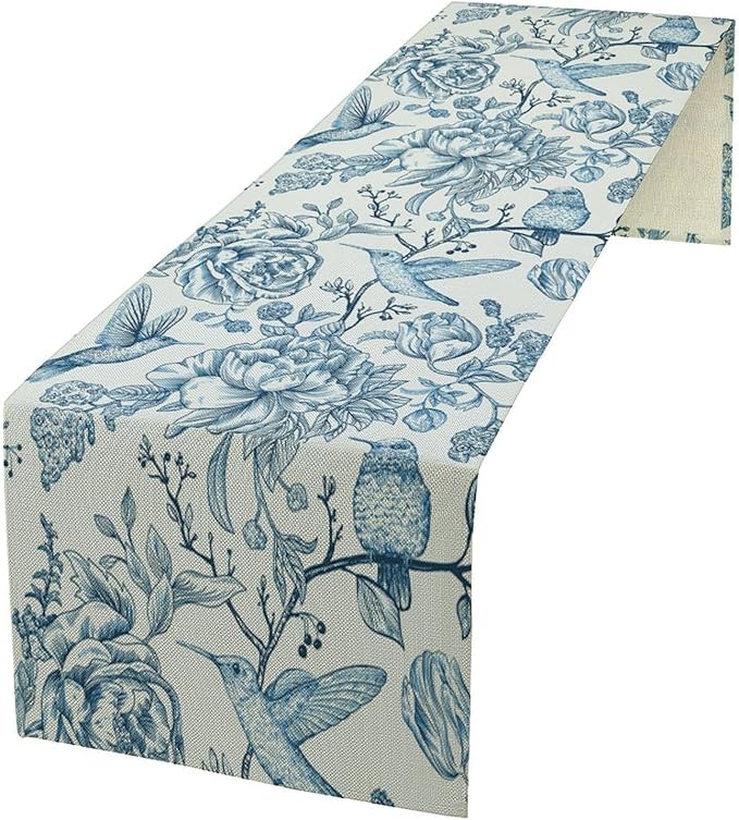 Blue White Table Runner Retro Monochrome Sketch Birds Flower Vintage Floral Kitchen Dining Table Decoration for Home Party Holiday 13"x70"