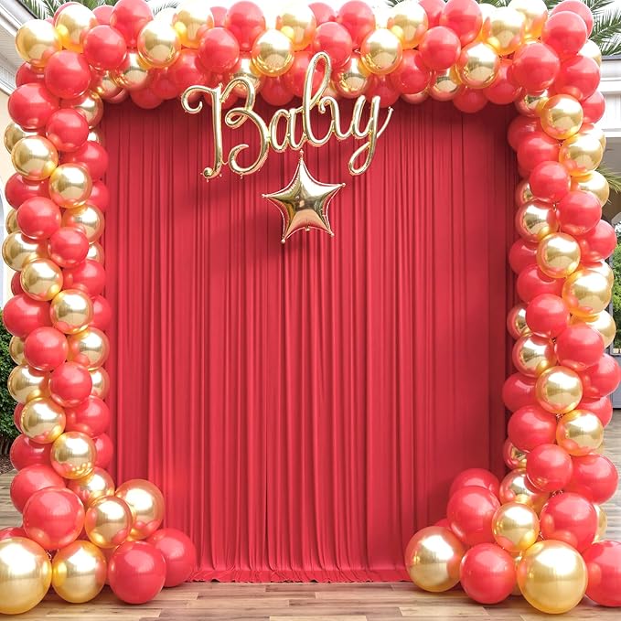 50×14ft Wrinkle Free Red Backdrop Curtain for Wedding Parties,10 Panels 5×14ft Height Soft Silky Polyester Backdrop Drapes Photo Back Ddrop Curtains for Events Photography Christmas Background Cloth