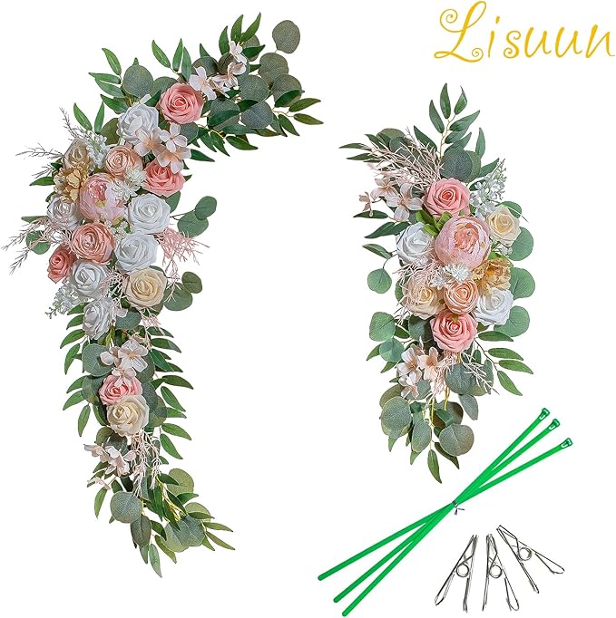 Artificial Flowers Wedding Arch Swag, 40 Inch Pink Silk Peony and Rose Set