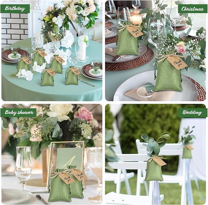 Gift Bags: 100 Burlap Drawstring Pouches in Army Green with Kraft Tags