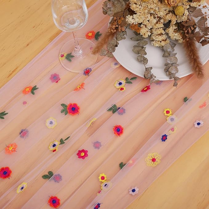 BINBE 12pcs Daisy Fall Table Runner Embroidery Gauze 10FT Florals Seasonal Tulle Holiday Birthday Kitchen Dining Table Decor for Home Party Pink