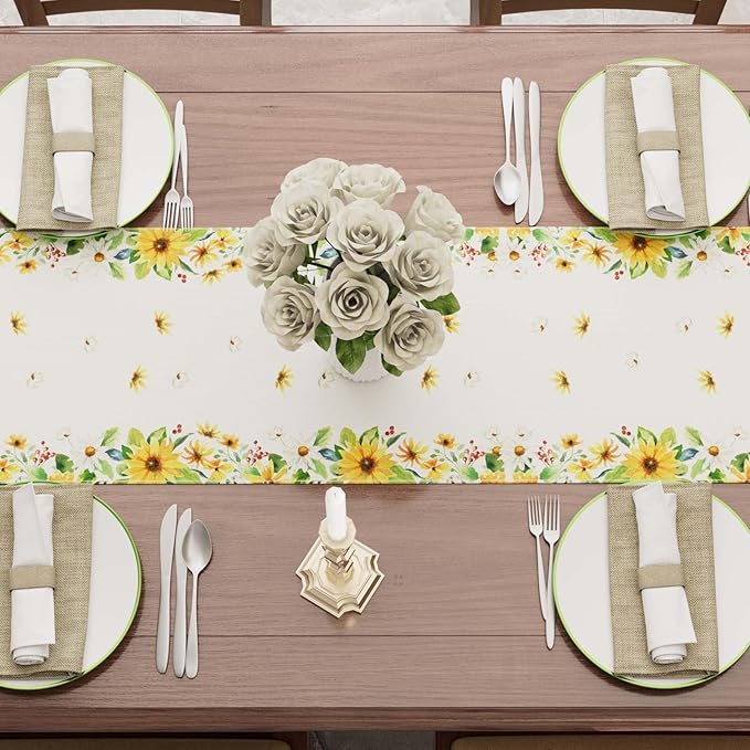 XCHI Yellow White Daisies Flowers Gnomes Spring Table Runner Burlap Table Decoration for Summer Seasonal Home Kitchen Dining Dinner Indoor Holiday Farmhouse Decor 13x48 Inch