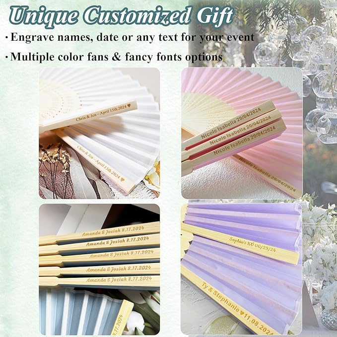 Personalized Engraved Silk Fans Folding Hand Fans 15 Pcs, Light Blue Summer Wedding Fans, Custom Imitated Silk-Bamboo Fans for Guests Wedding Party Favor Bridal Shower Gifts Party Decoration