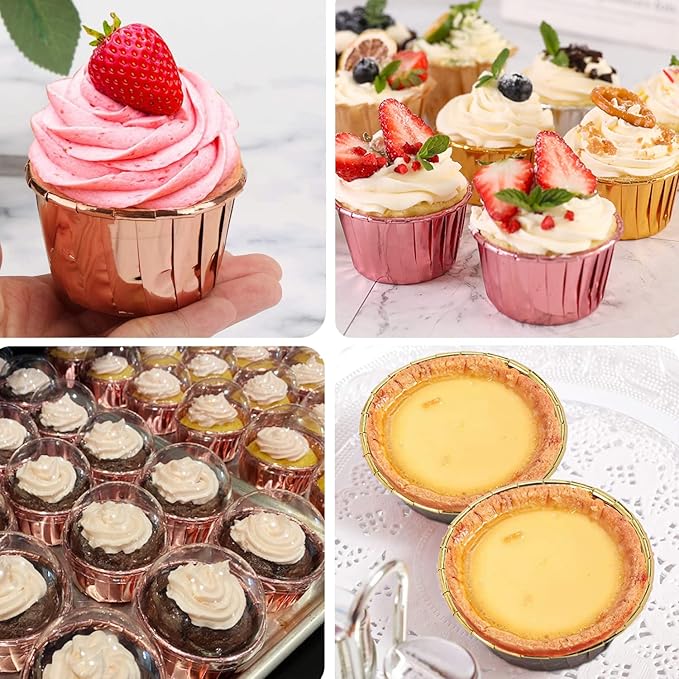 Foil Cupcake Liners with Lids 100Pack,Free-Air 3.5Oz Mini Muffin Liners Cupcake Baking Cups,Disposable Muffin Tins Cupcake Wrappers for Wedding Birthday Party, with Spoons-Champagne