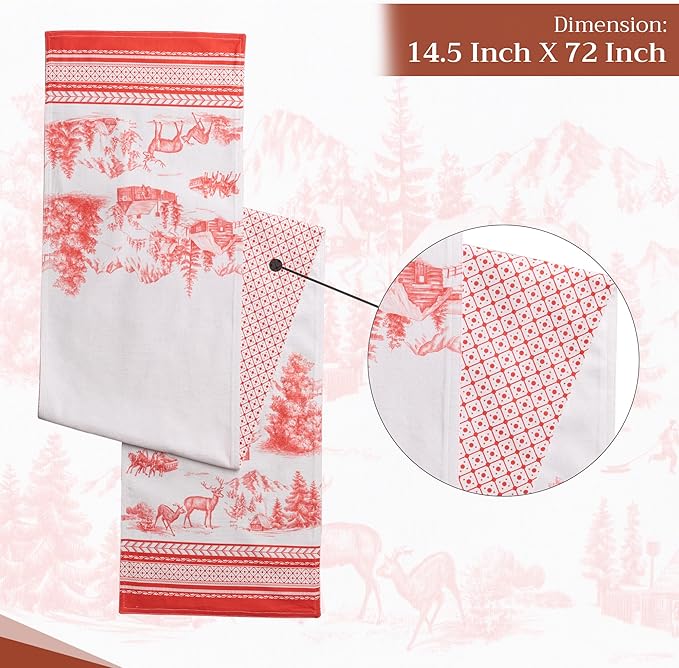 Maison d' Hermine Table Runner 100% Cotton Double Layer Table Runners 72 inches Long for Thanksgiving Christmas Decorations Home Kitchen Dining Party Wedding (Winter Jouy, 14.5" x 72")