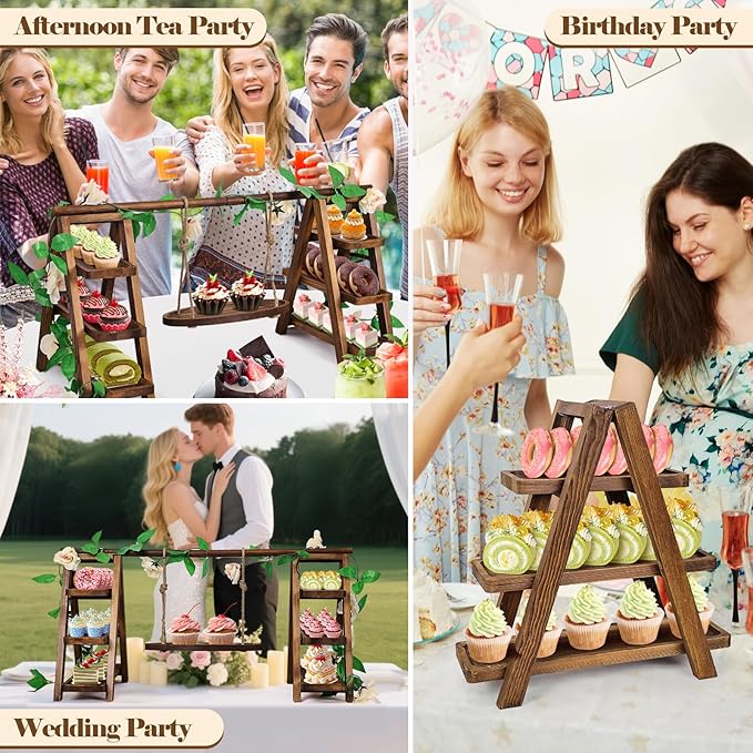Cake Stand, 3-Tier Wooden Cupcake Display, Brown Foldable Design