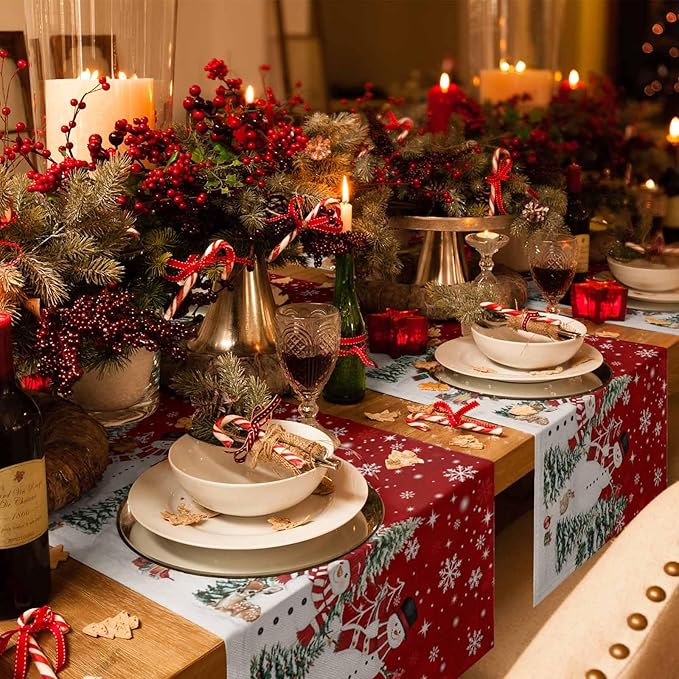 Christmas Snowman Cotton Linen Table Runner for Dining Kitchen, Xmas Tree White Snowflakes Winter Wedding Outdoor Party Tablerunners Decoration, Dresser Scarf Coffee Tablecloth Runners 13x36 Inches