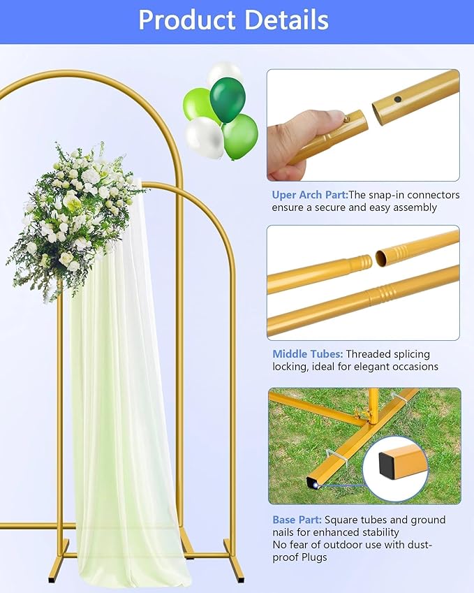 Arch Backdrop Stand Set, Gold Metal, 7.2ft and 6ft Heights