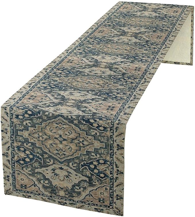 Vintage Boho Floral Table Runner, Rustic Country Farmhouse Blue Grey Retro Flower Pattern for Home Kitchen Table Decor Dining Coffee Room Party Decor 13x72in