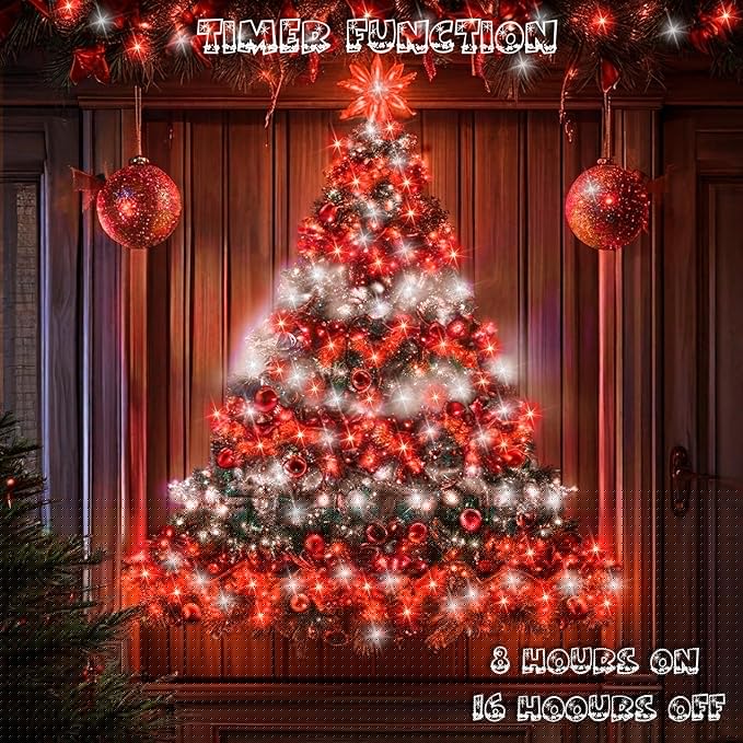 66Ft 200 LED Fairy Lights Plug in, Waterproof String Lights Outdoor & Indoor 8 Modes Christmas Lights Bedroom Decor, Timer Twinkle Lights for Bedroom Party Christmas Decorations (Red and Cool White)