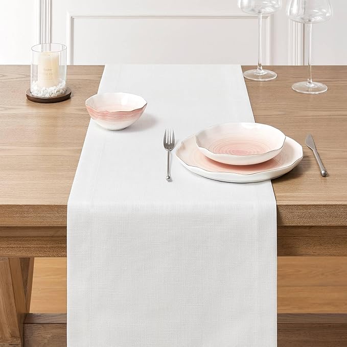 ZeeMart Linen Textured Border Table Runner, 14 x 48 Inch White, Farmhouse Style White Table Runners 48 Inches Long, Easy Care Everyday Polyester Table Runner