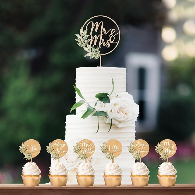 Non-Edible Wood Wedding Cake Topper Set, 12 Cupcake Toppers, Green Leaves