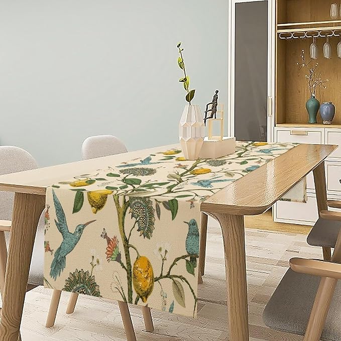 Table Runner with Flowers and Birds, Spring Plant Flowers Table Decoration Linen Table Runner Family Party Party Decorations 13x108 Inches
