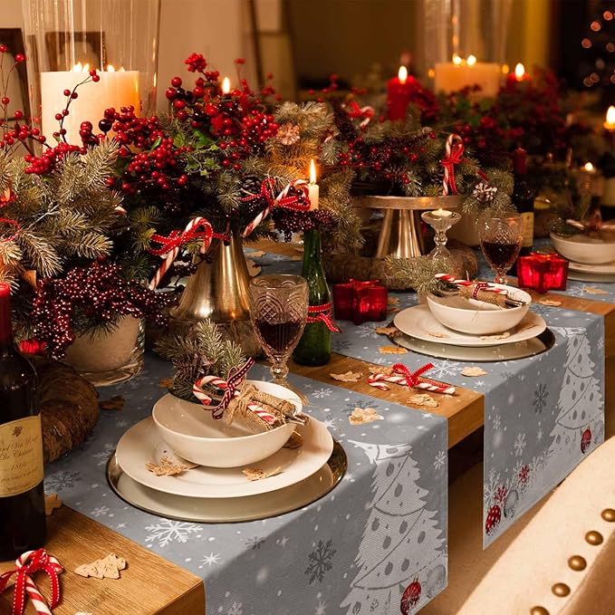 Christmas Snowflakes Cotton Linen Table Runner for Dining Kitchen, Xmas Tree Snow Winter Wedding Outdoor Party Tablerunners Decoration, Grey Balls Dresser Scarf Coffee Tablecloth Runners 13x60 Inches