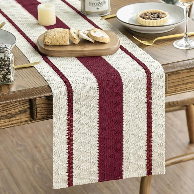 Artoid Mode Red Farmhouse Woven Rustic Table Runner, Seasonal Holiday Hollow Kitchen Dining Table Decoration for Home Party Decor 12x90 Inch