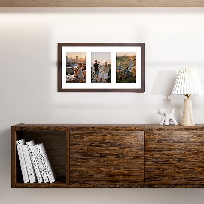 Vittanly 8x14 Picture Frames Collage, Displays 3Pcs 4x6 Pictures with Mat, Collage Picture Frame for Horizontal or Vertical Display, Brown, 1 Pack