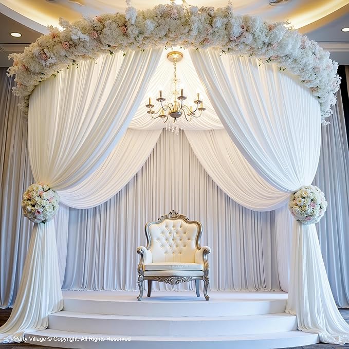 PartyVillage 30ft×15ft White Backdrop Curtain for Wedding Parties, 6 Panels Wrinkle Free 15 FT Long Polyester Photo Backdrop Drapes Back Drop Cloth for Birthday Photography Background