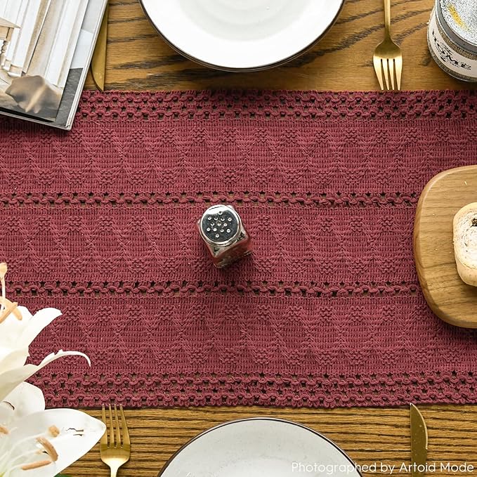 Artoid Mode Red Farmhouse Woven Rustic Hollow Table Runner, Seasonal Holiday Hollow Kitchen Dining Table Decoration for Home Party Decor 12x48 Inch
