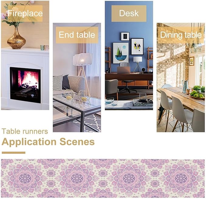 Purple Pink Mandala Table Runner, Traditional Indian Boho Mandala Flowers Print Table Runne for Kitchen Dining Table Office Wedding Party Holiday Home Decor, 13x90inch