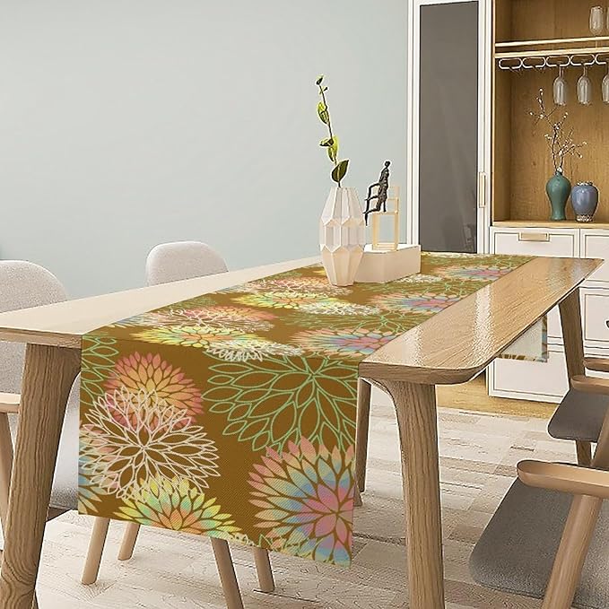 Brown Grey Dahlia Flower Table Runner, Linen Geometric Pattern Floral Table Decor Spring Farmhouse Decorations for Kitchen Dining Holiday Party Decor, 13x36 Inch