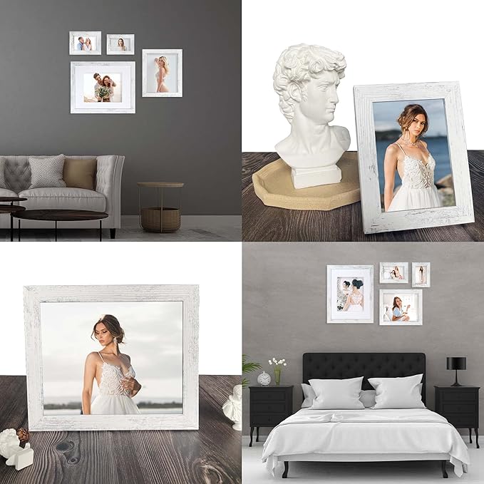5x7 Picture Frame Set of 4, High Definition Glass Distressed White Frame, 5 x 7 Wood Photo Frames for Tabletop Display and Wall Mounting
