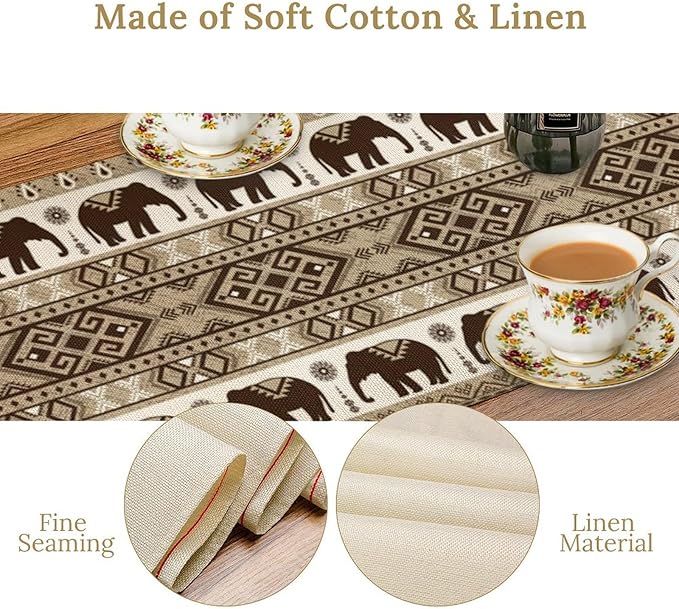 Ethnic Table Runner, Rustic Farmhouse Boho Indian Bohemian Elephant Aztec Tribal Print Beige Table Center Decor for Home Kitchen Dining Patio Holiday Party Indoor Table Decorations, 13"x72" Inch