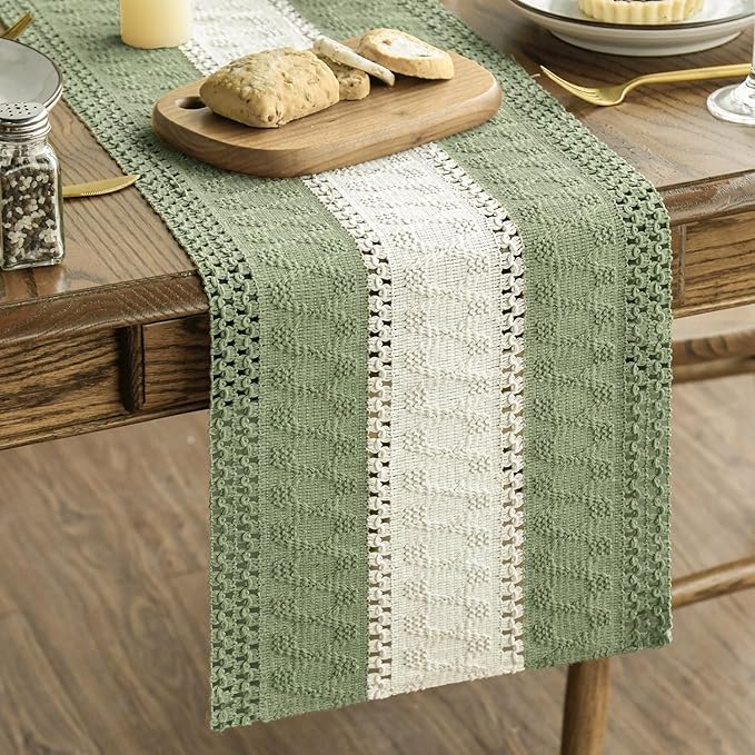 Artoid Mode Light Green Farmhouse Rustic Table Runner, Seasonal Hollow Kitchen Dining Table Decoration for Home Party Decor 12x60 Inch